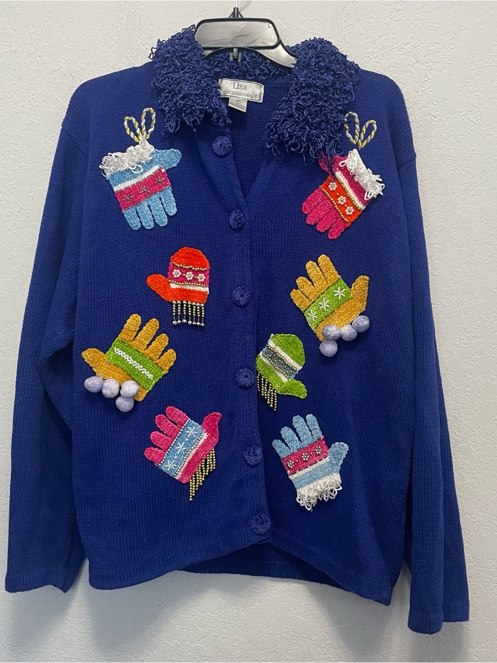 Lisa International sweater XL Knit Christmas Mittens holiday novelty VTG Beads